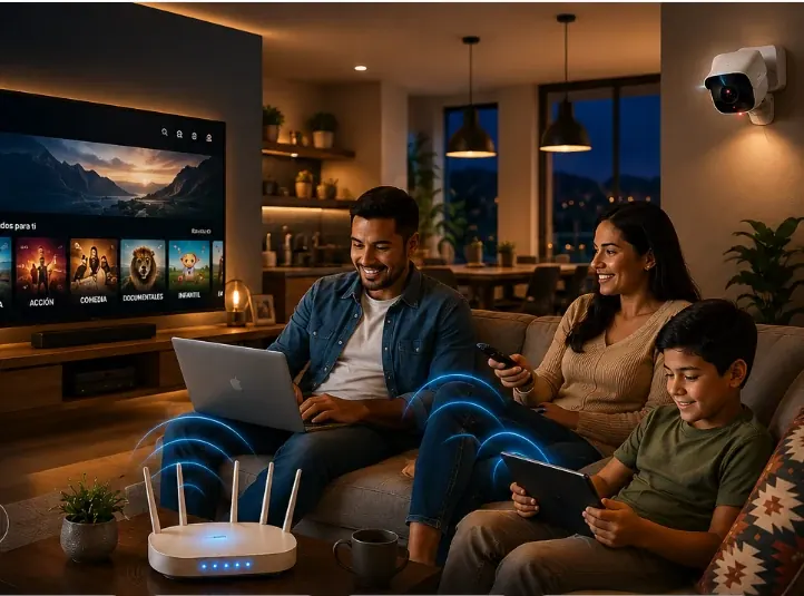 Familia usando internet, entretenimiento y dispositivos conectados en un hogar moderno